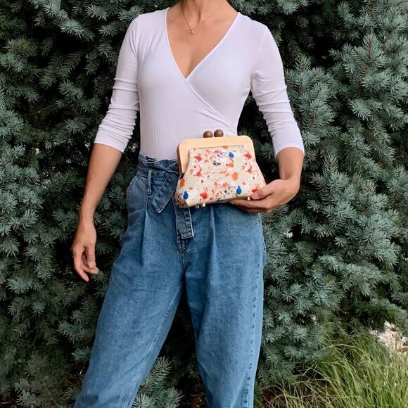 Handmade Genuine Leather Splatter Printed Wooden Frame Clutch with Small Purse - Picture 6 of 16